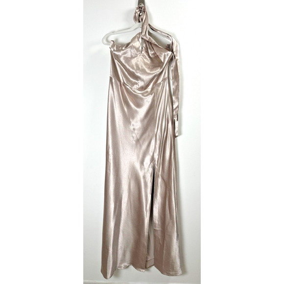 NWT Birdy Grey Monica Halter Satin Taupe Bridesmaid Formal Party Glam Maxi Gown - Picture 2 of 10
